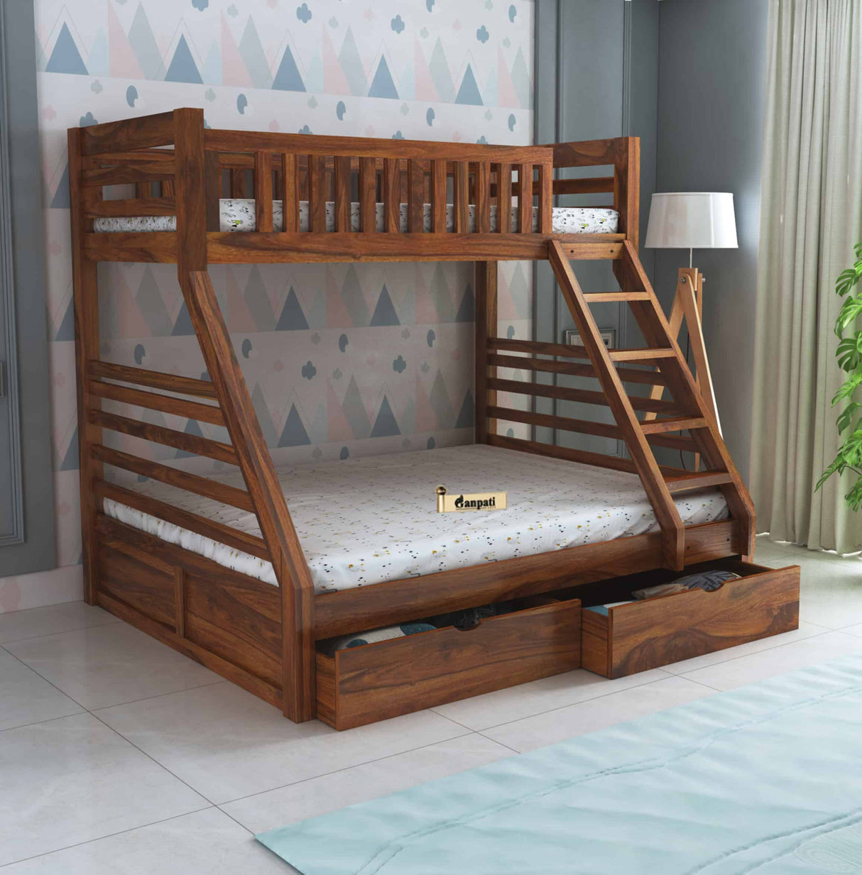 Intalian Solid Sheesham Bunk Bed With Drawer Storage - 1 Year Warranty