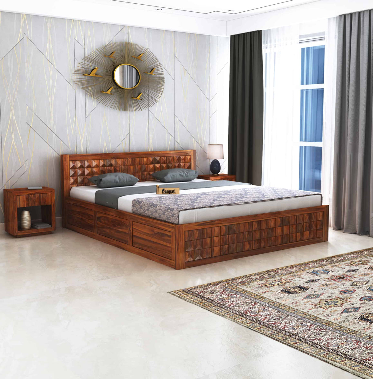 Oslo Diamond Solid Sheesham Wood Bed With Half Box and Trolly Storage - 1 Year Warranty