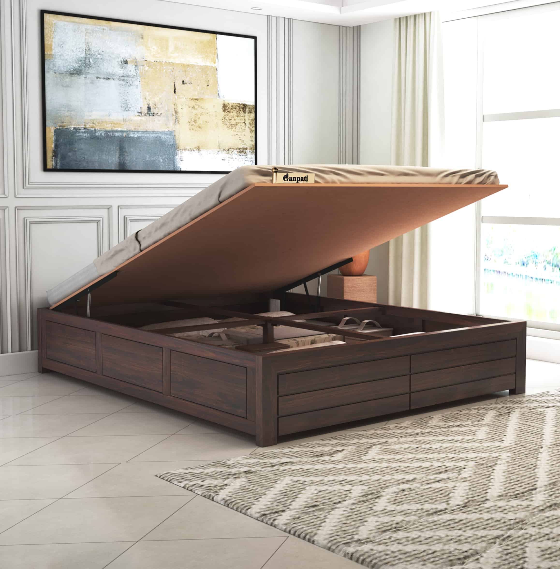 Italian Solid Sheesham Wood Bed With Hydraulic Storage Without Headboard 1 Year Warranty