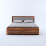 Euro Solid Sheesham Wood Bed with Hydraulic Storage and Upholstery Headboard - 1 Year Warranty
