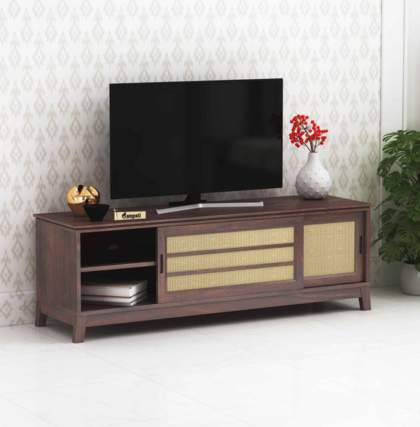 Cosmos Solid Sheesham Wood TV Unit Cane With Sliding Doors - 3 Years Warranty
