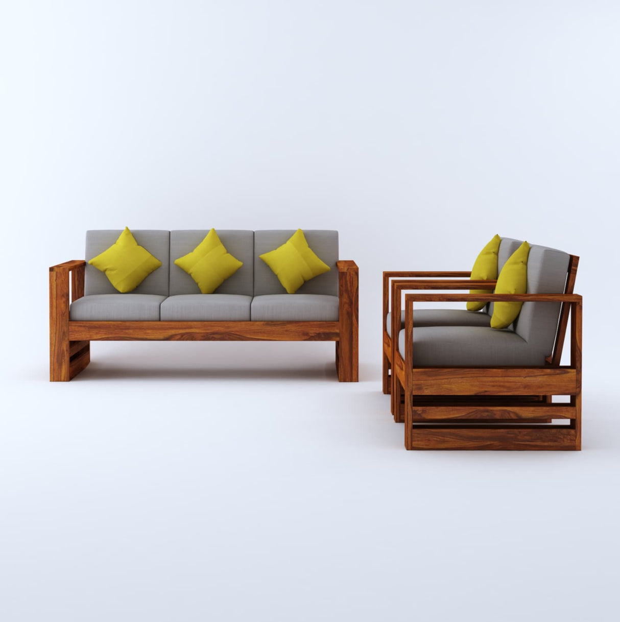 Lurid Solid Sheesham Wood 5 Seater Sofa Set 3+1+1 With Side Pockets - 1 Year Warranty