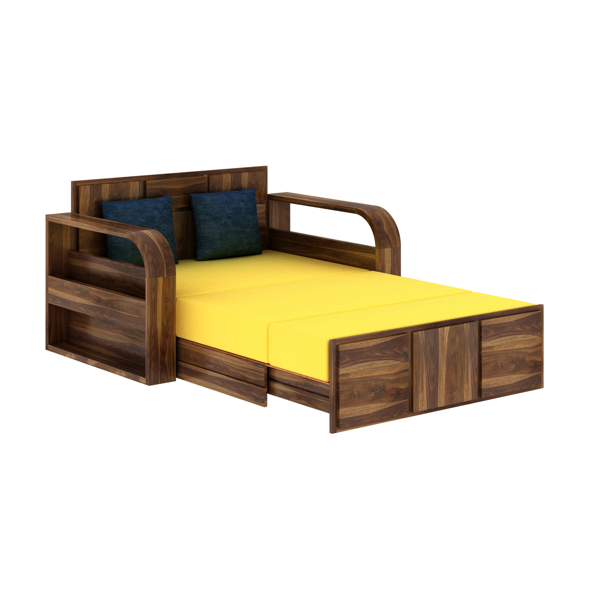 Scott Solid Sheesham Wood 2 Seater Sofa Cum Bed With Headboard and Mini Storage - 1 Year Warranty