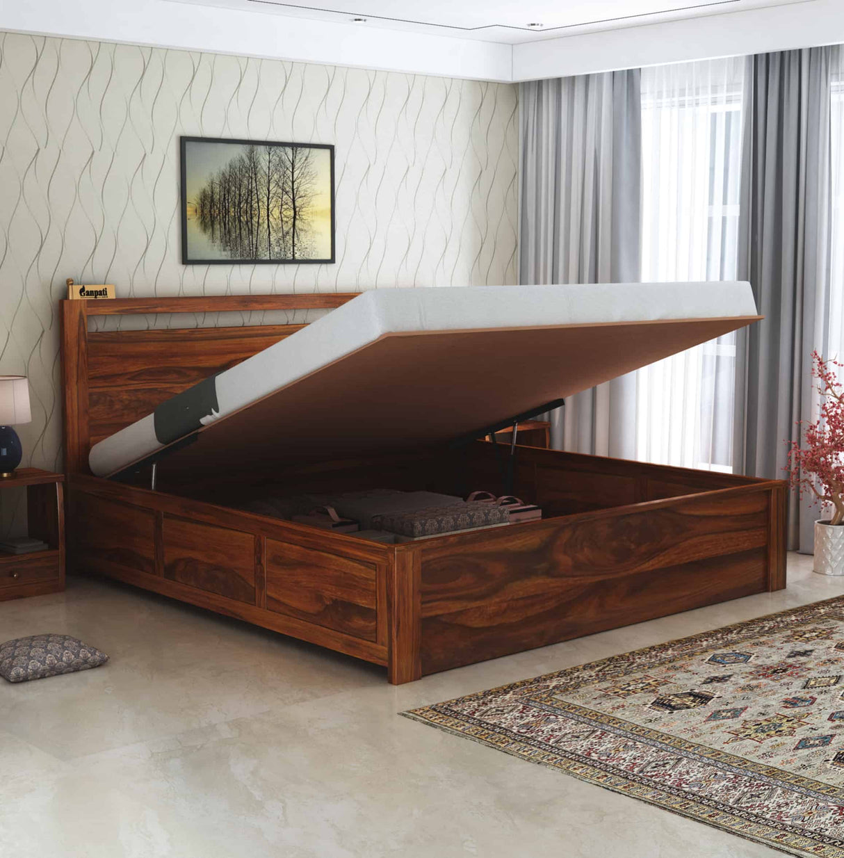 Jaipur Solid Sheesham Wood Hydraulic Storage Bed - 1 Year Warranty