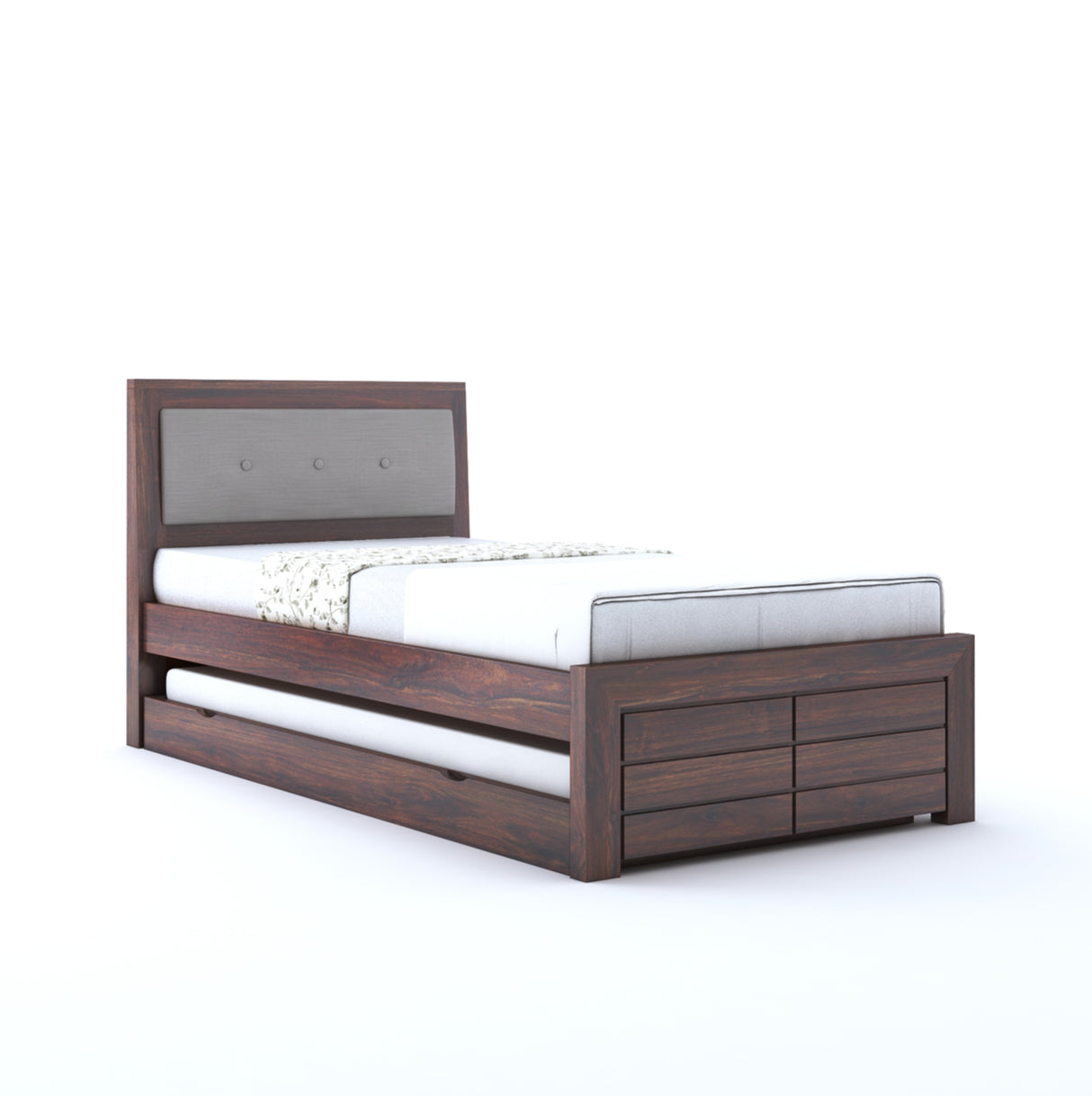 Euro Solid Sheesham Wood Single Trundle Bed With Upholstered Headboard - 1 Year Warranty