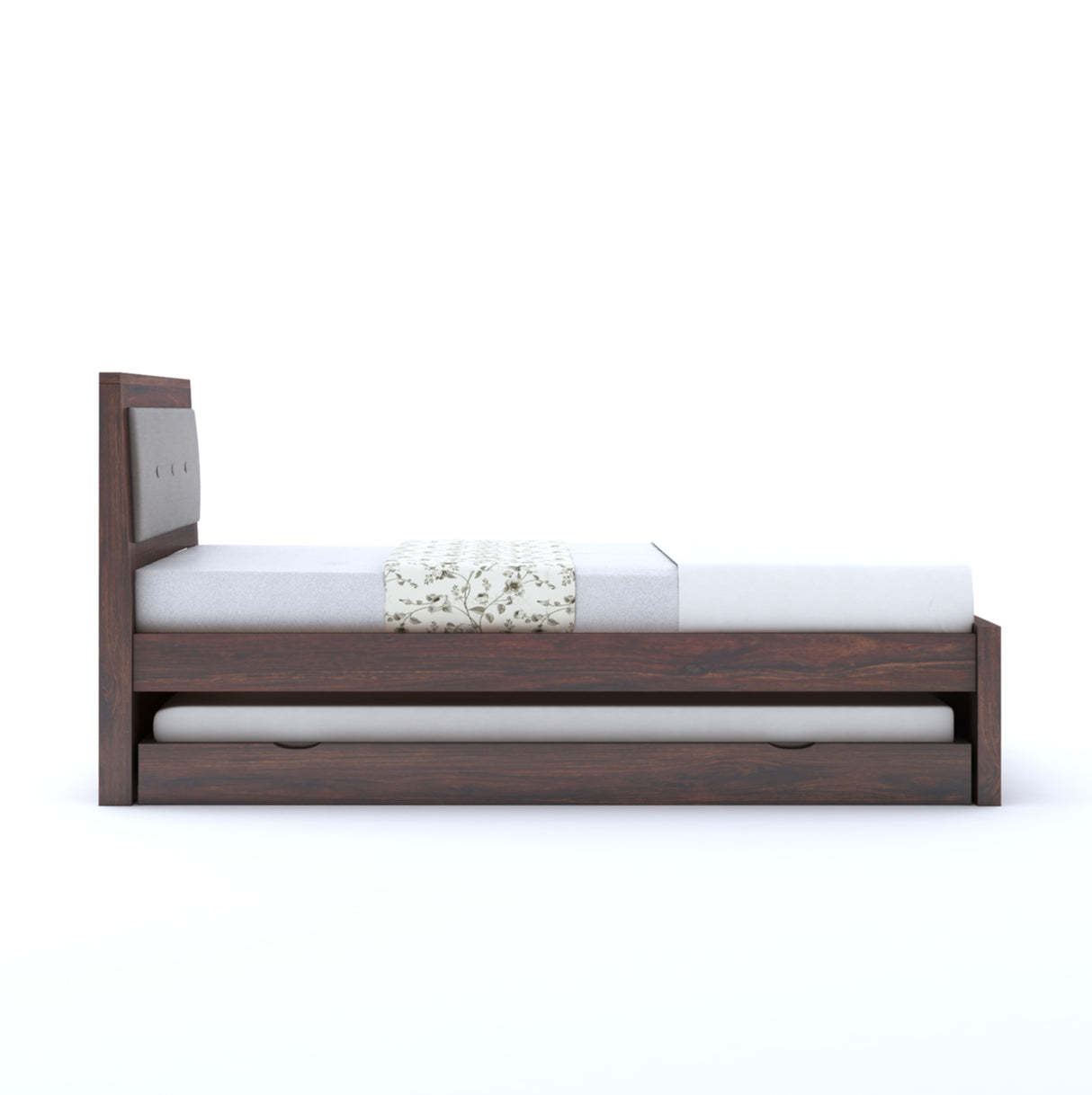 Euro Solid Sheesham Wood Single Trundle Bed With Upholstered Headboard - 1 Year Warranty