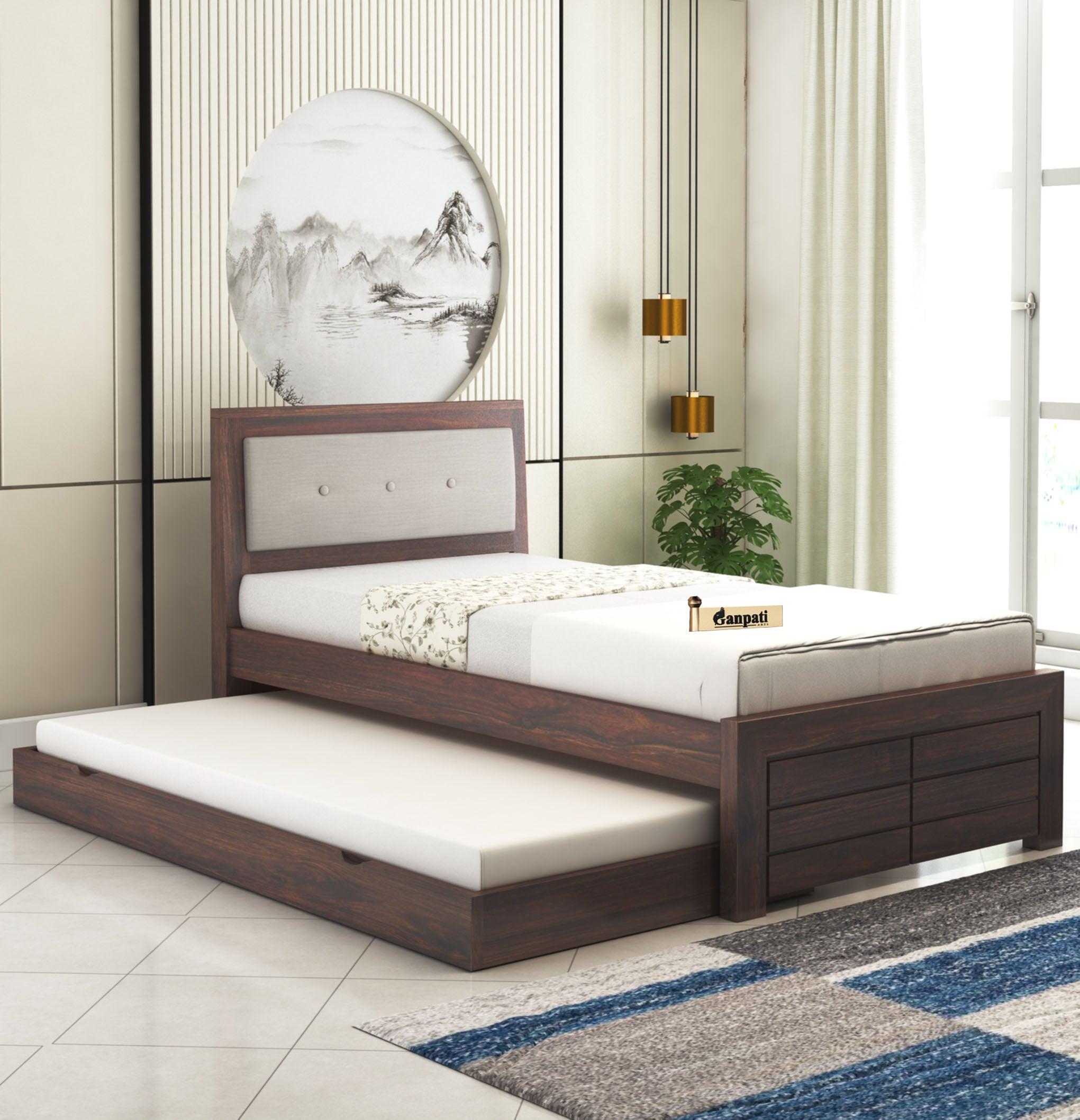 Single bed with upholstered headboard top