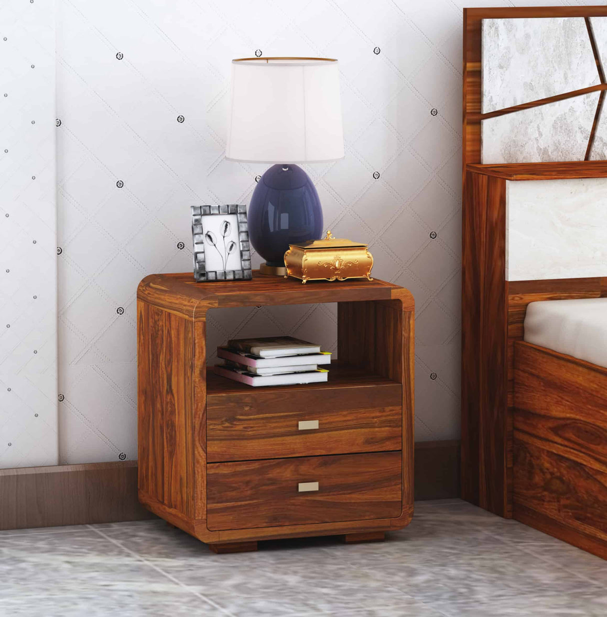 Mega Solid Sheesham Wood Bedside Table With Two Drawer Storage - 1 Year Warranty