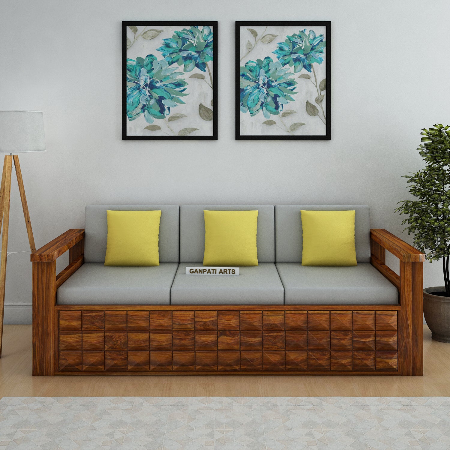 Oslo Solid Sheesham Wood 3 Seater Sofa With Side Pockets - 3 Years Warranty