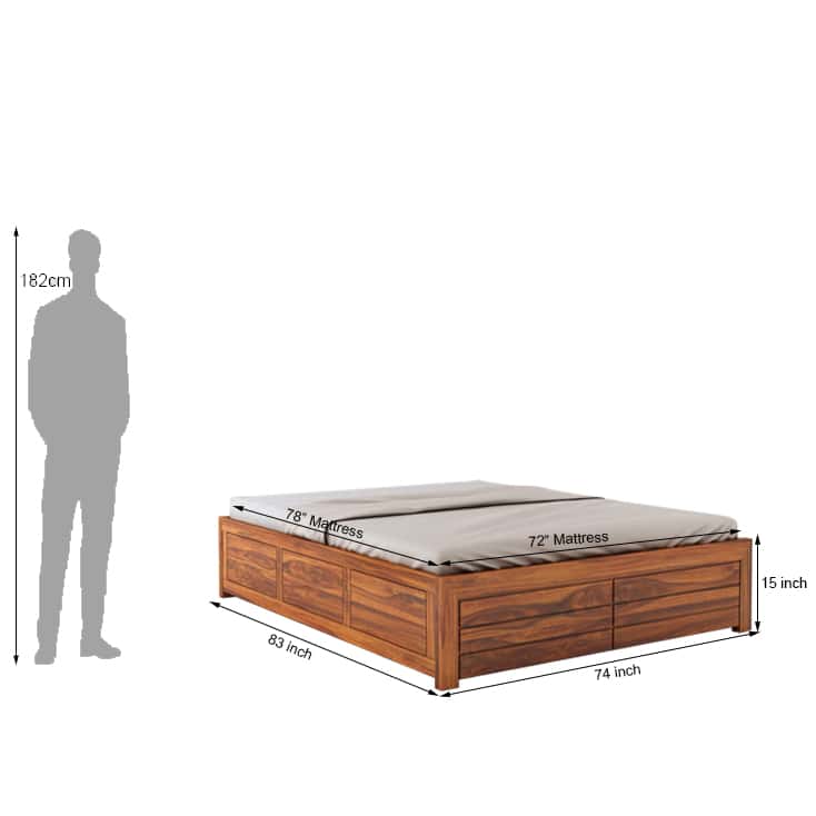 Italian Solid Sheesham Wood Bed With Box Storage Without Headboard - 1 Year Warranty