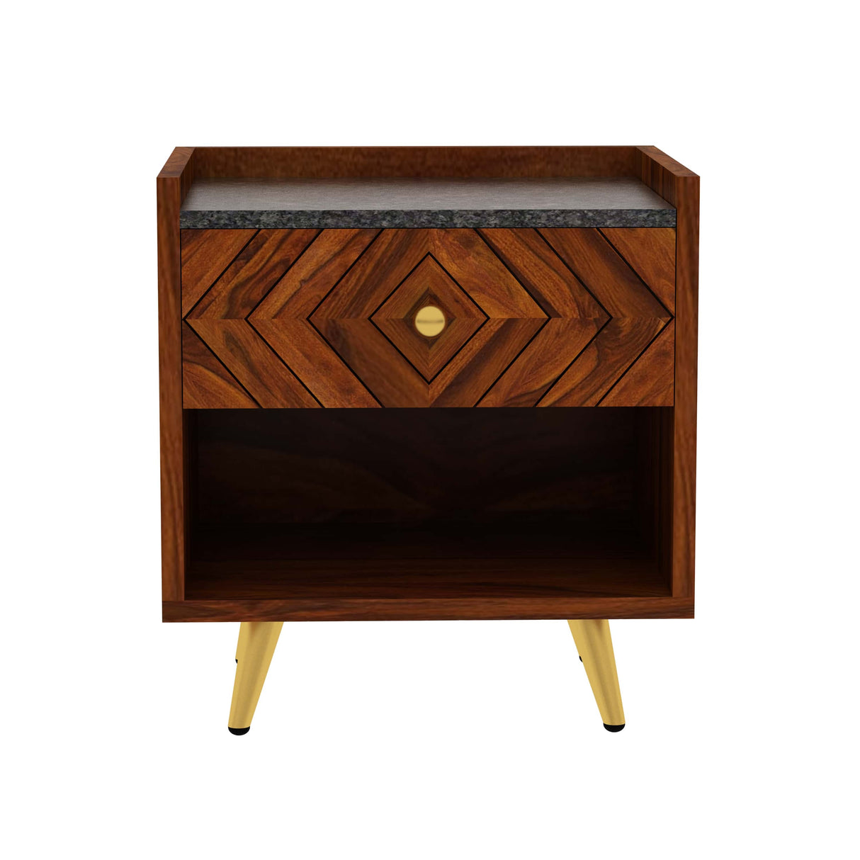 Wave Solid Sheesham Wood Bedside With Granite Top and Storage - 1 Year Warranty