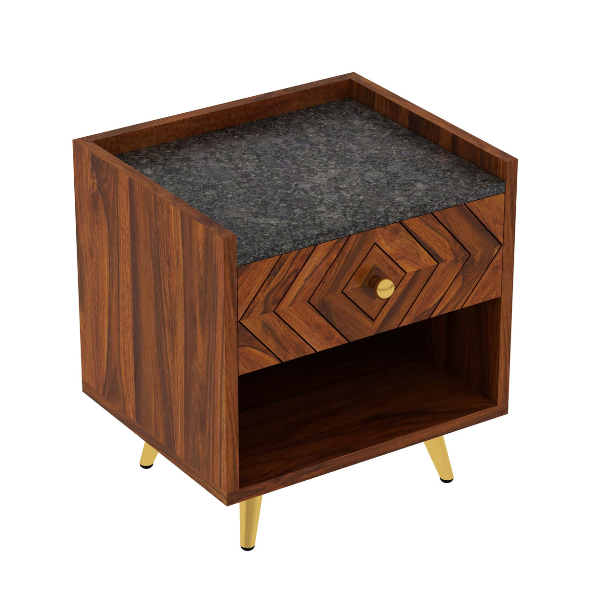 Wave Solid Sheesham Wood Bedside With Granite Top and Storage - 1 Year Warranty