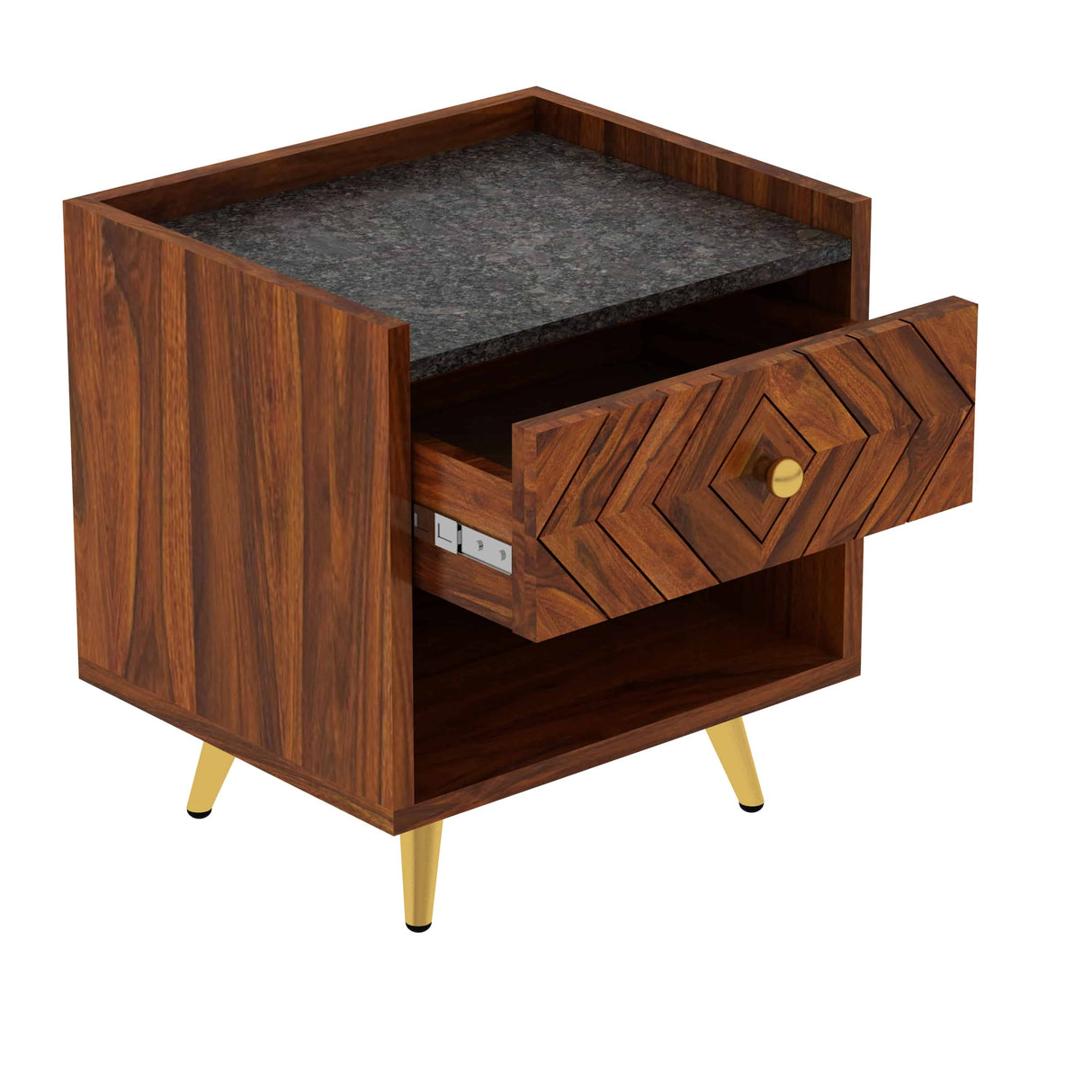 Wave Solid Sheesham Wood Bedside With Granite Top and Storage - 1 Year Warranty