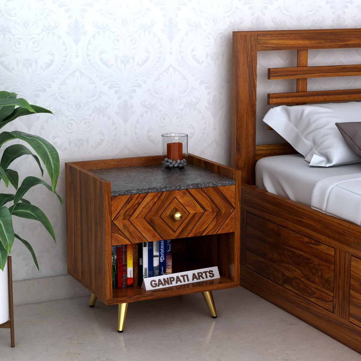 Wave Solid Sheesham Wood Bedside With Granite Top and Storage - 1 Year Warranty