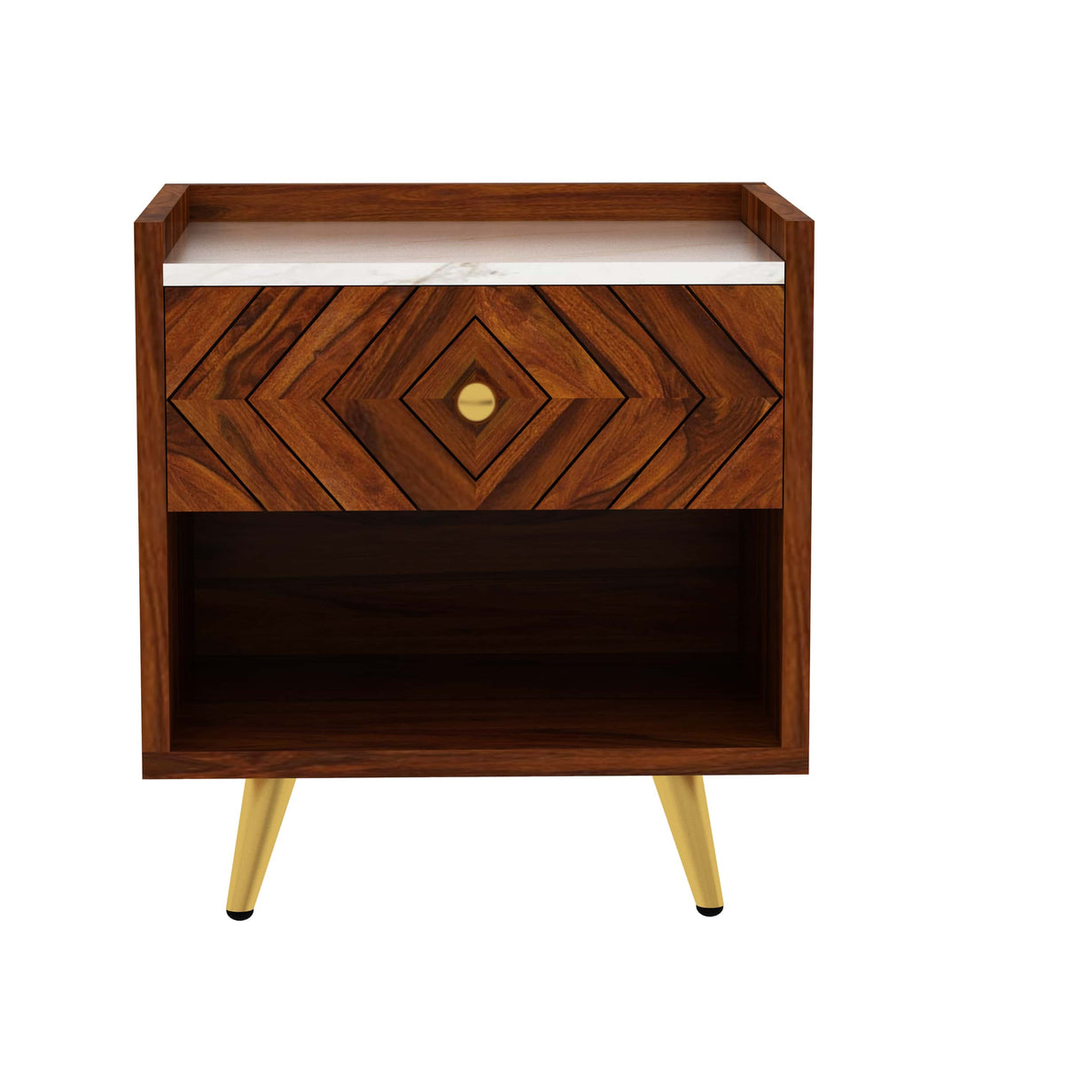 Wave Solid Sheesham Wood Bedside With Marble Top and Storage - 1 Year Warranty