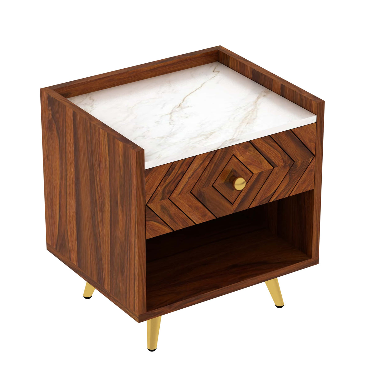 Wave Solid Sheesham Wood Bedside With Marble Top and Storage - 1 Year Warranty