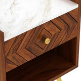 Wave Solid Sheesham Wood Bedside With Marble Top and Storage - 1 Year Warranty