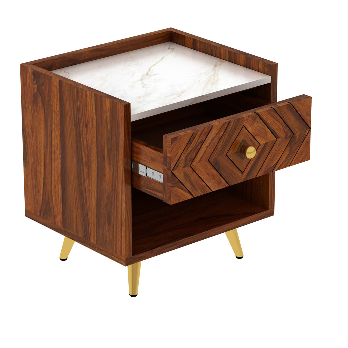 Wave Solid Sheesham Wood Bedside With Marble Top and Storage - 1 Year Warranty