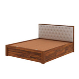 Decan Solid Sheesham Wood Bed with Box Storage and Upholstery Headboard - 1 Year Warranty