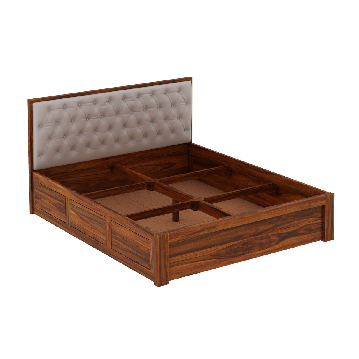 Decan Solid Sheesham Wood Bed with Box Storage and Upholstery Headboard - 1 Year Warranty