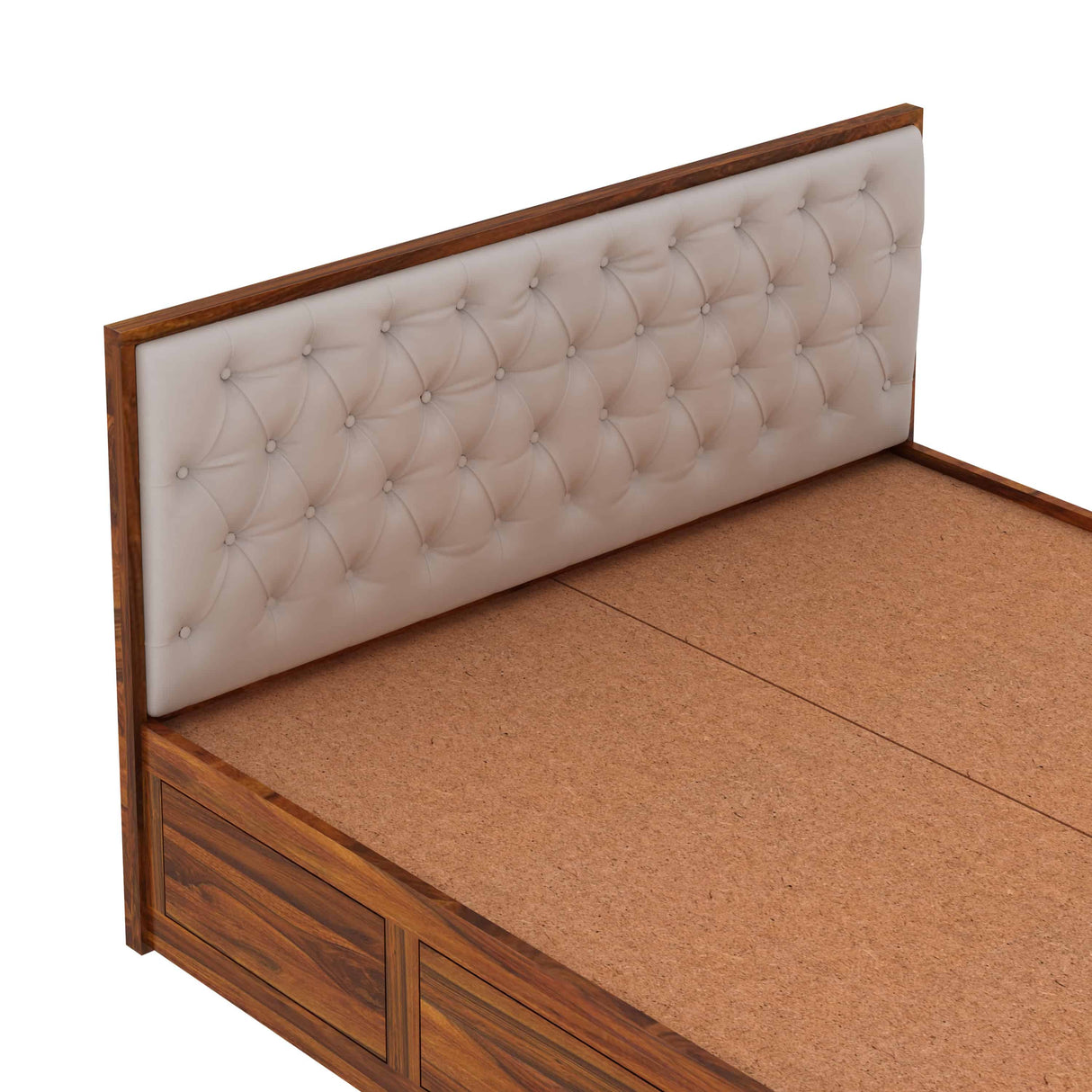 Decan Solid Sheesham Wood Bed with Box Storage and Upholstery Headboard - 1 Year Warranty