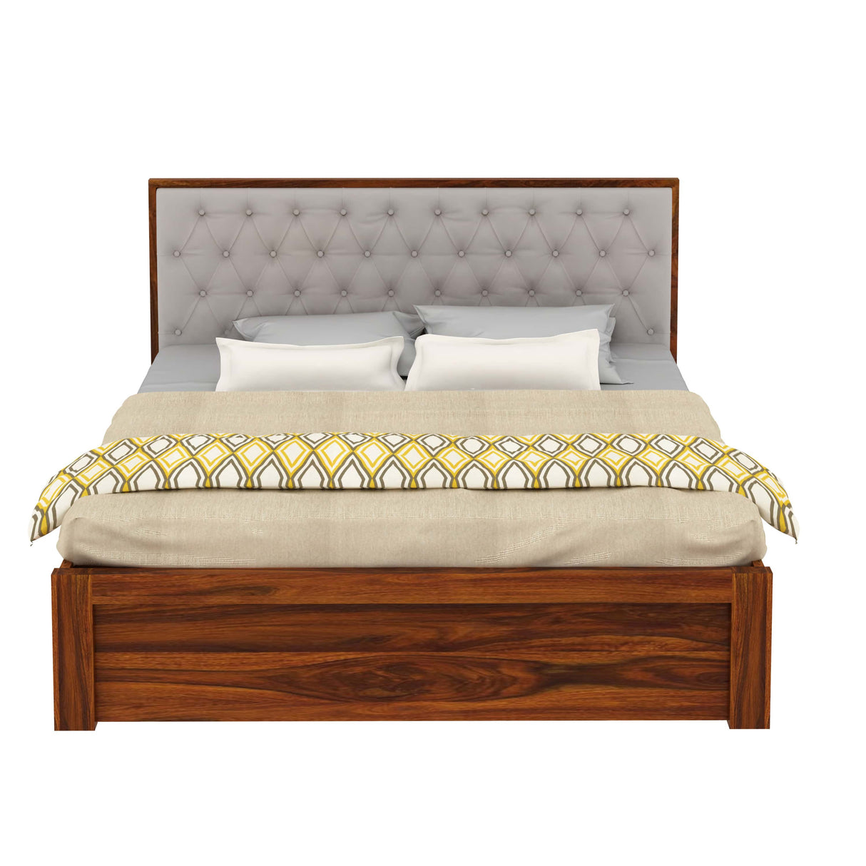 Decan Solid Sheesham Wood Bed with Box Storage and Upholstery Headboard - 1 Year Warranty