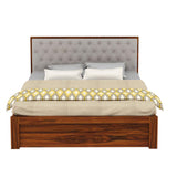 Decan Solid Sheesham Wood Bed with Box Storage and Upholstery Headboard - 1 Year Warranty