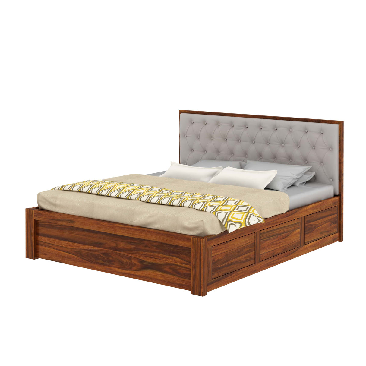 Decan Solid Sheesham Wood Bed with Box Storage and Upholstery Headboard - 1 Year Warranty