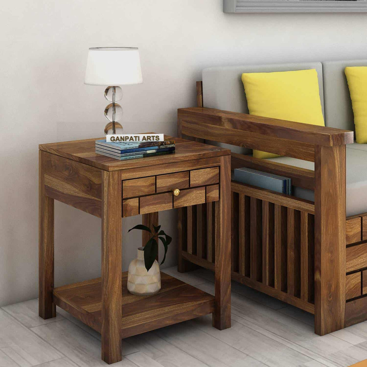 Italian Solid Sheesham Wood Side Table With One Drawer - 1 Year Warranty