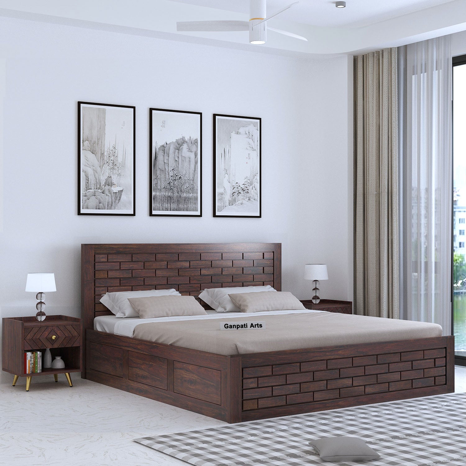 Italian Solid Sheesham Wood Bed with Box Storage FULL Headboard 1 Year Warranty