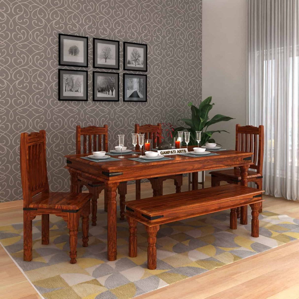 Akon Solid Sheesham Wood 6 Seater Dining Table Set - 1 Year Warranty