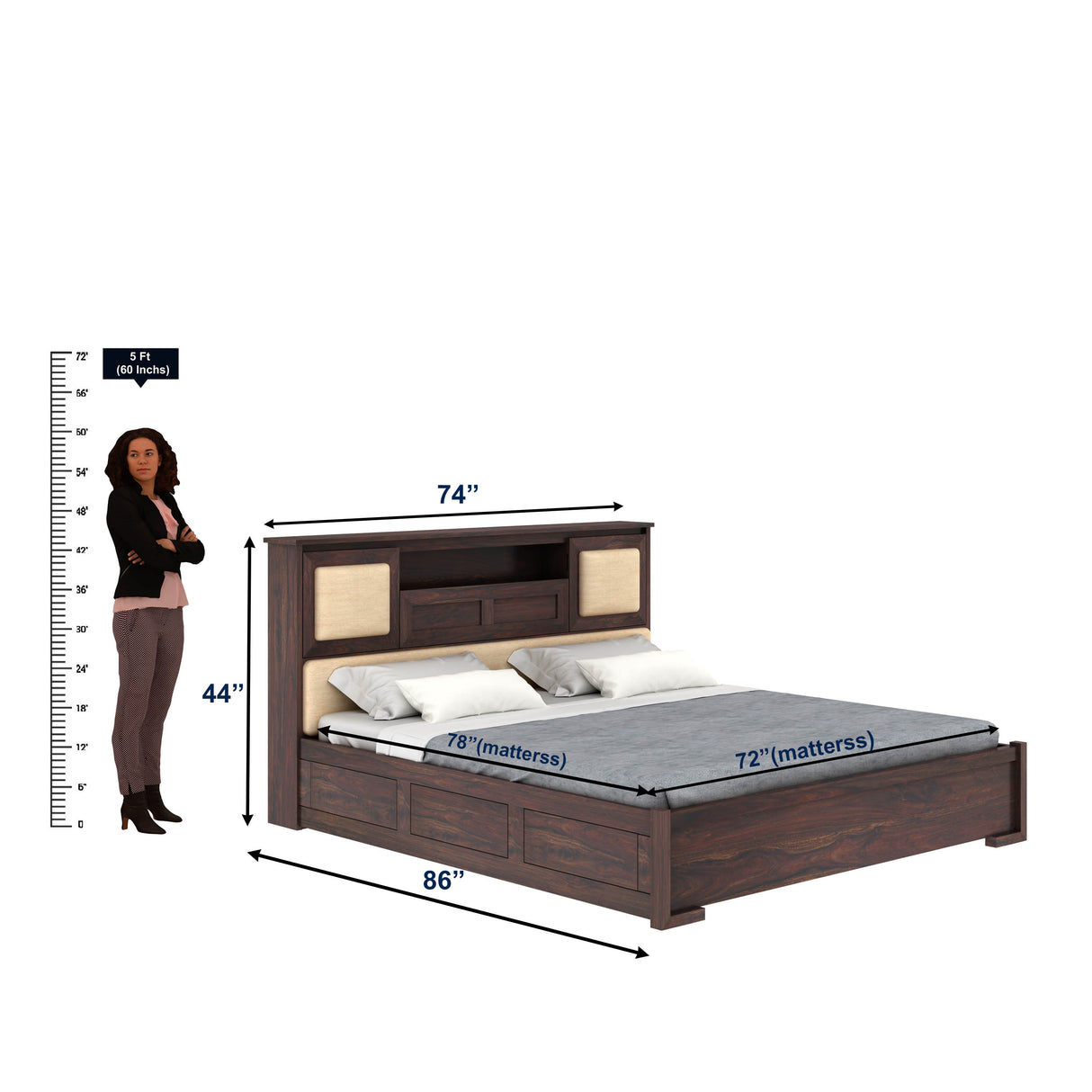 Maharaja Solid Sheesham Wood Bed with Hydraulic Box and Headboard Storage - 1 Year Warranty