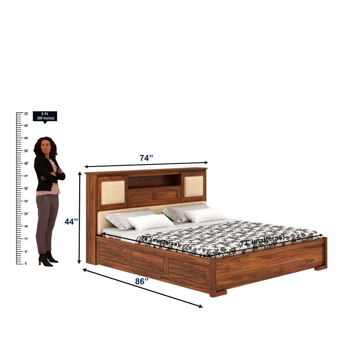 Maharaja Solid Sheesham Wood Bed with Box and Headboard Storage - 1 Year Warranty