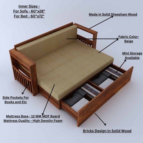 Italian Solid Sheesham Wood 3 Seater Sofa Cum Bed With Headboard and Mini Storage - 1 Year Warranty