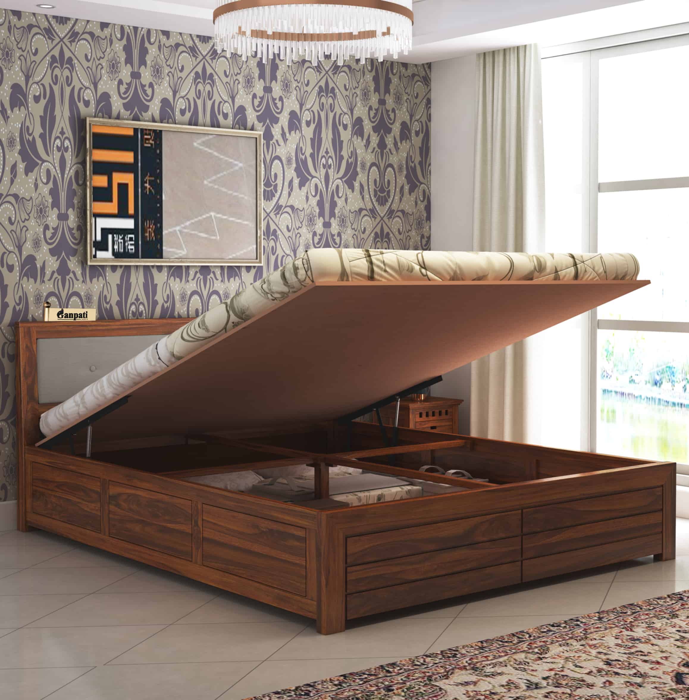 Euro Solid Sheesham Wood Bed with Hydraulic Storage and Upholstery Headboard 1 Year Warranty