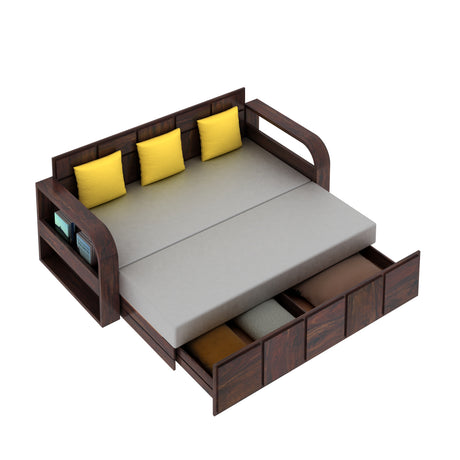Scott Solid Sheesham Wood 3 Seater Sofa Cum Bed with Headboard Design - 1 Year Warranty
