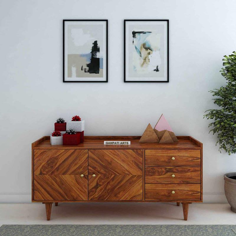 Wave Solid Sheesham Wood Sideboard Storage Unit With Two Doors and Three Drawers - 3 Years Warranty