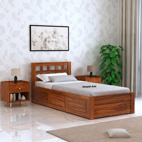 Simons Solid Sheesham Wood Single Bed With Box Storage - 1 Year Warranty