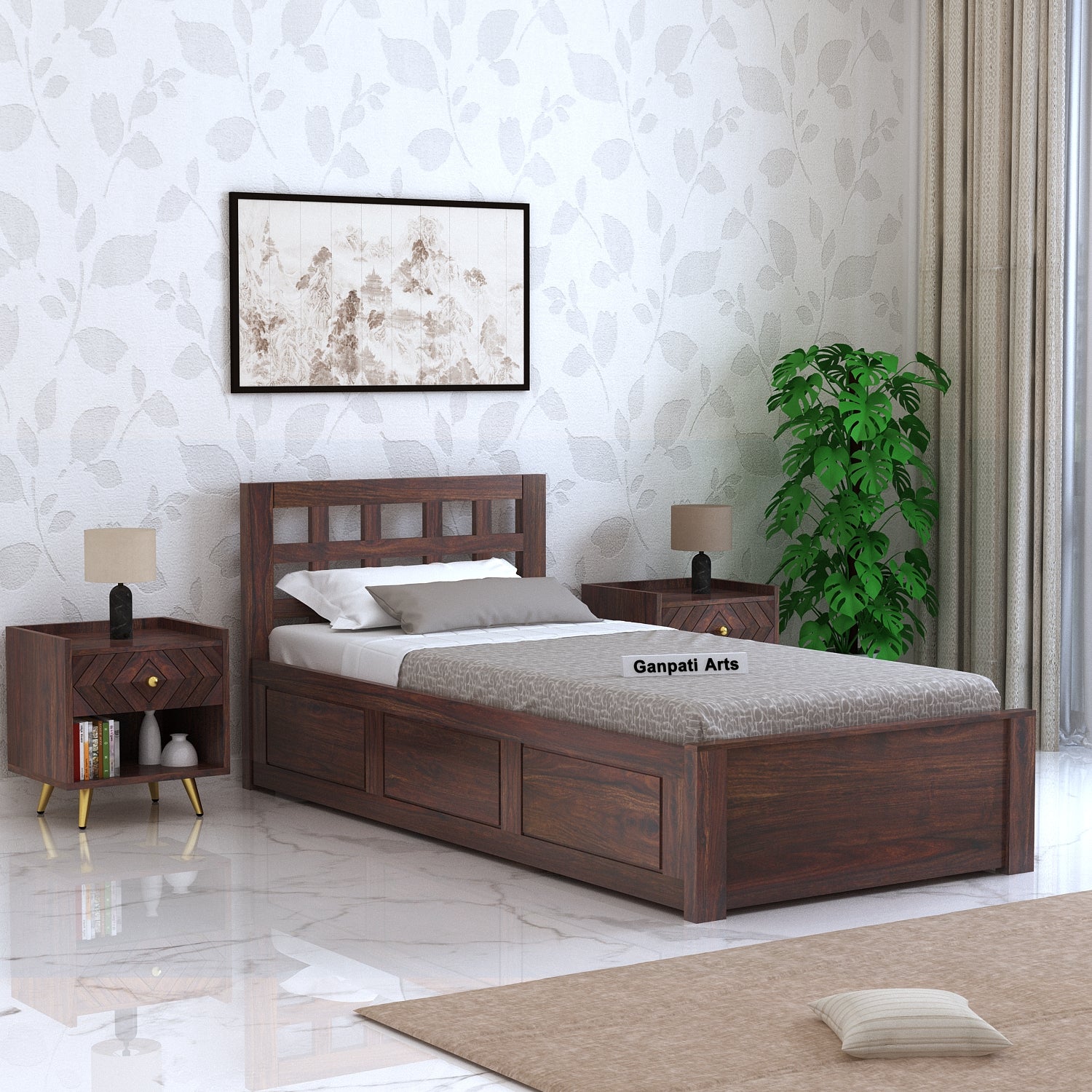 Simons Solid Sheesham Wood Single Bed With Box Storage - 3 Years Warranty