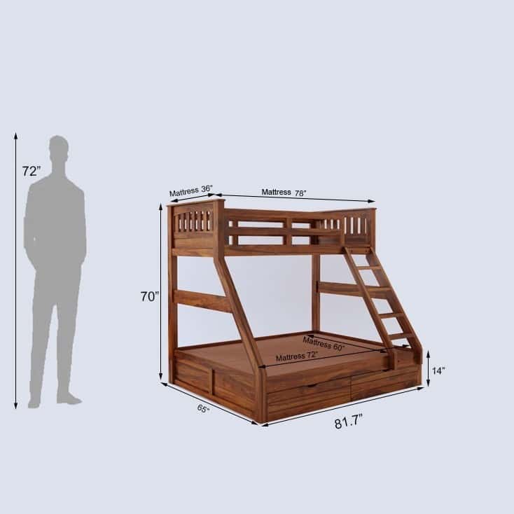 RIO Solid Sheesham Bunk Bed With Drawer Storage - 1 Year Warranty