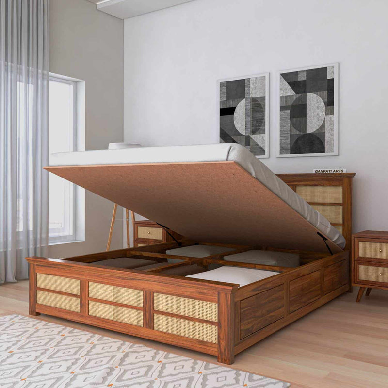 Syrus Solid Sheesham Wood Cane Bed With Hydraulic Storage Bed - 3 Years Warranty