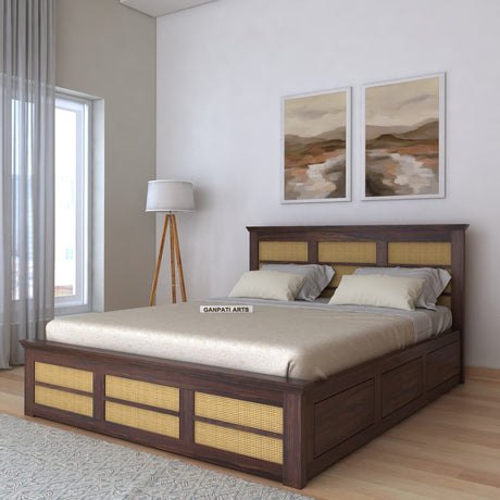 Syrus Solid Sheesham Wood Cane Bed With Box Storage Bed - 1 Year Warranty