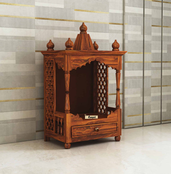 Vinayaka Solid Sheesham Wood Temple/Mandir With One Drawer Storage - 3 Years Warranty