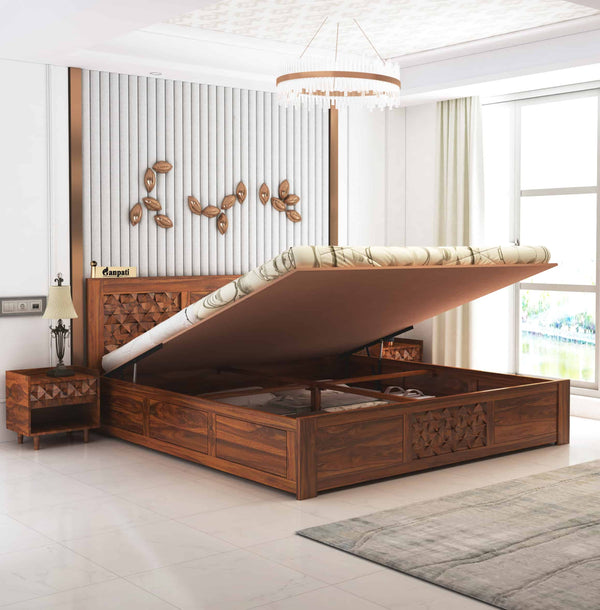 Raj Solid Sheesham Wood Bed With Hydraulic Storage - 3 Years Warranty