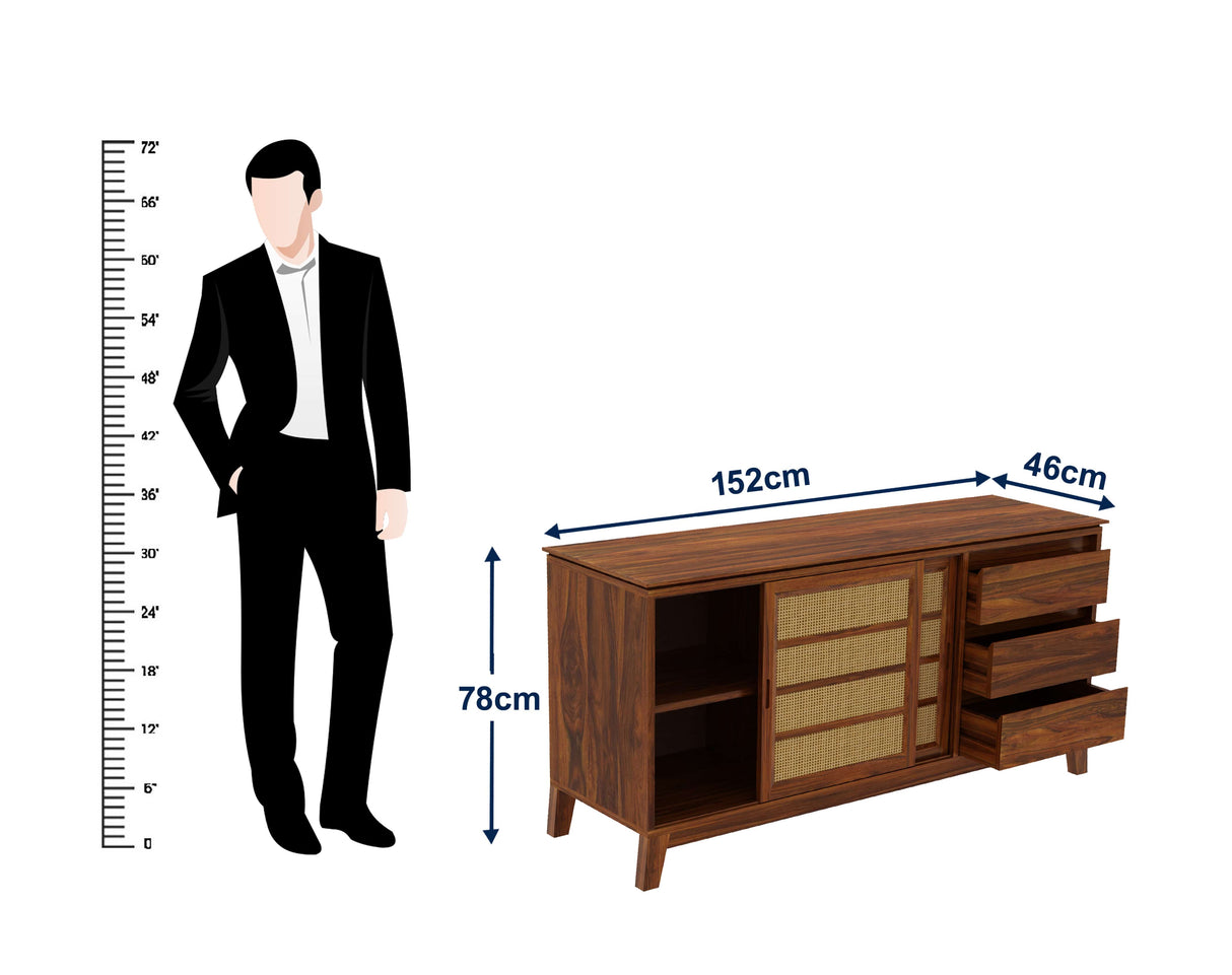 Cosmos Sliding Door CANE Sideboard in Solid Sheesham Wood - 1 Year Warranty