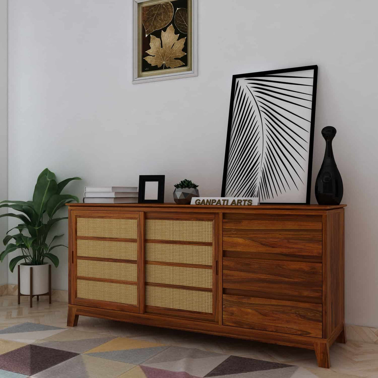 Cosmos Sliding Door CANE Sideboard in Solid Sheesham Wood - 1 Year Warranty