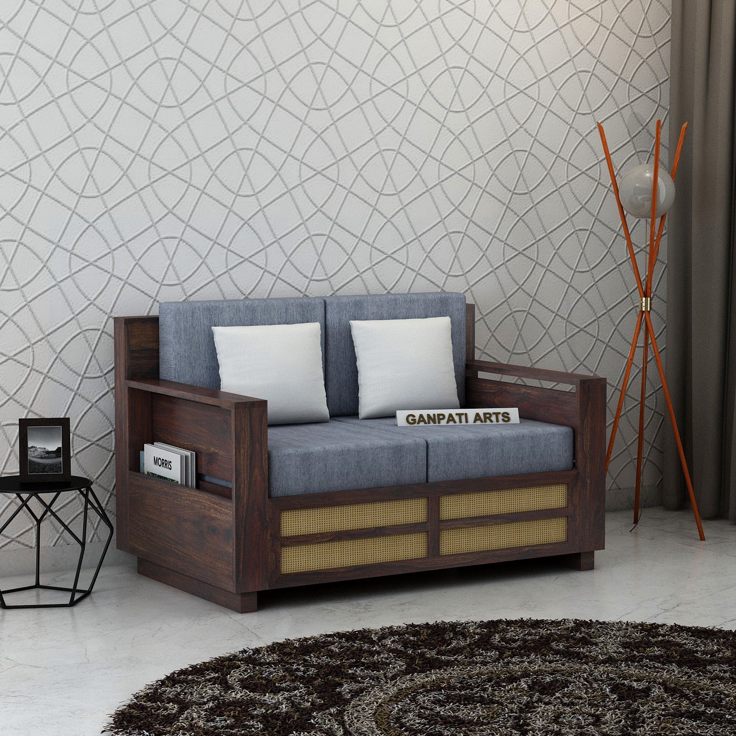 Syrus Solid Sheesham Wood 2 Seater Sofa With Side Pocket and Cane Design -3 Years Warranty