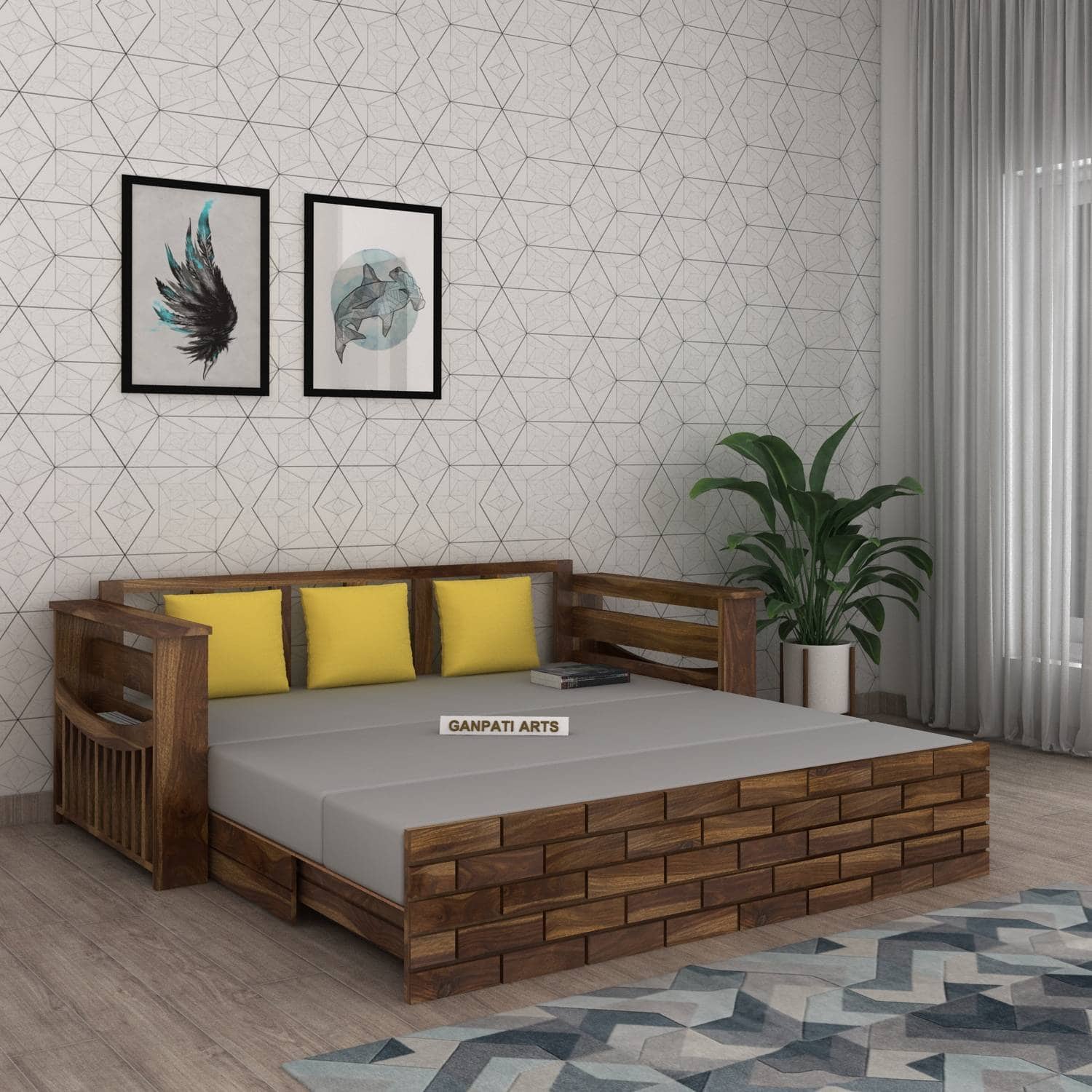 Italian Solid Sheesham Wood 3 Seater Sofa Cum Bed With Mini Storage and Side Pockets - 3 Years Warranty